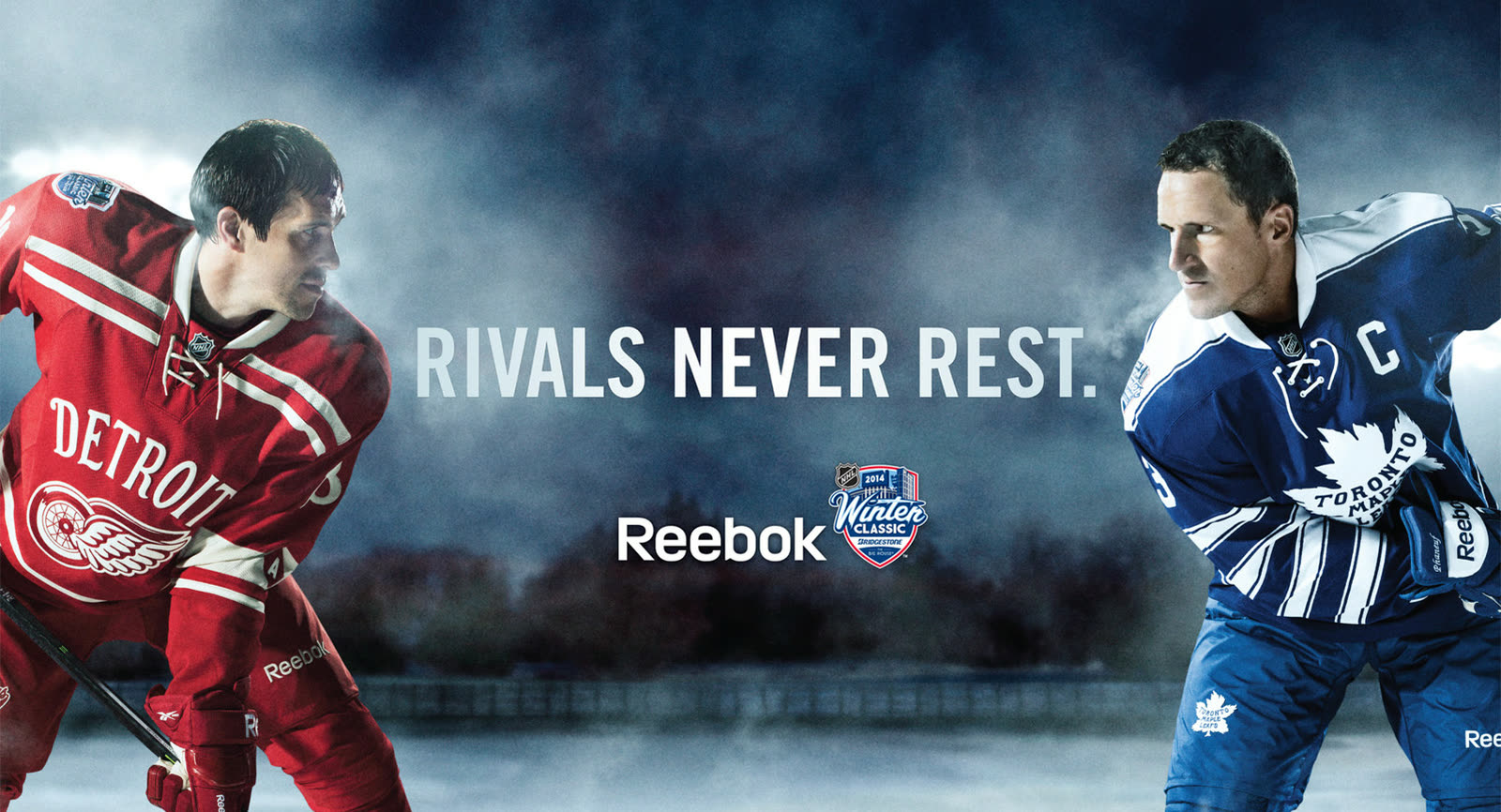 Two hockey players face off under a Reebok headline